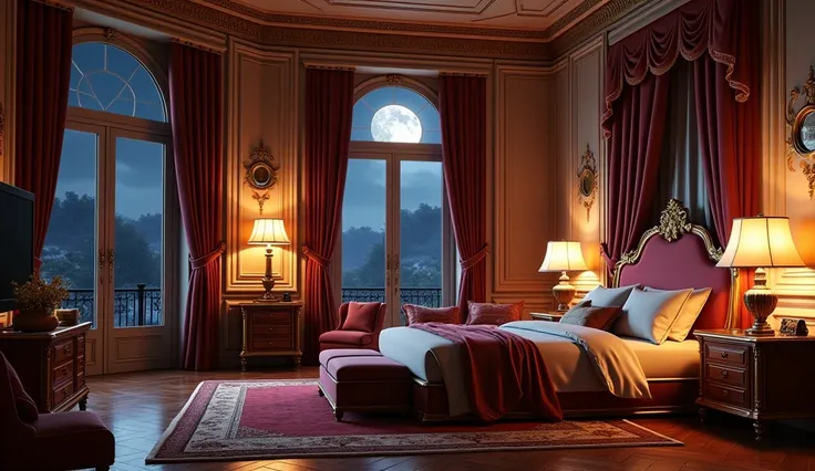 This is the bedroom of the house at night in a 3D style without humans on the luxurious side