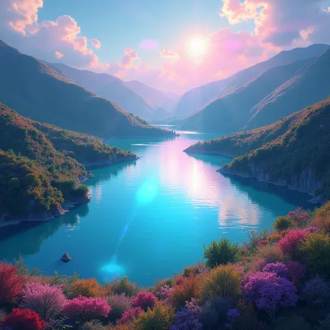 ~~~~~~~~~ Beautiful landscape, lake. shine, holography. professional photo, bright lighting, high detail, high resolution