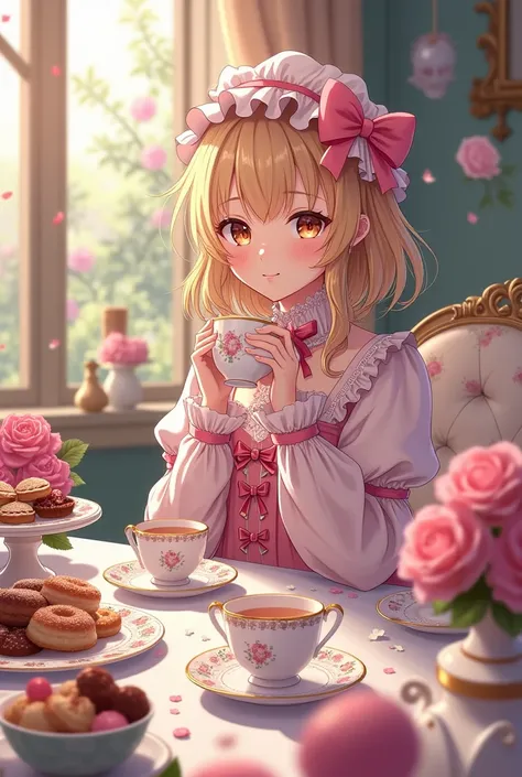 Make an anime girl Lolita at a tea party with various candies
