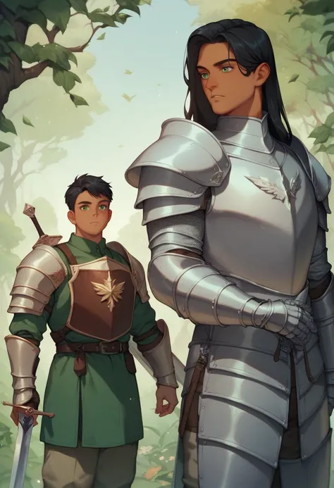 Tall, tan, muscular man, long flowing black hair, green eyes, forest green tunic, brown cotton trousers, knight armor, longsword, steel shield