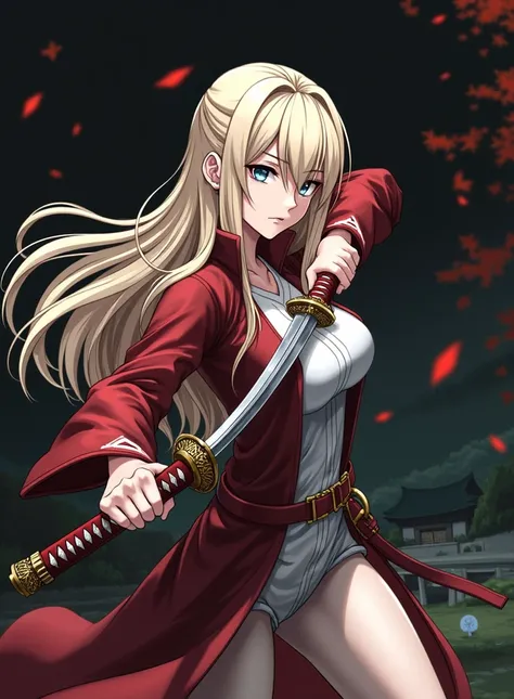 Physically fit woman with long blond hair wearing an Anime version katana 