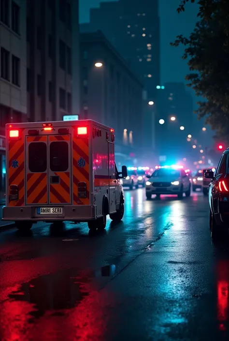 A city street scene at night, with an emergency medical vehicle (ambulance) parked on the side of the road. In front of it, a black Mercedes and several police cars are stopped, their flashing lights illuminating the dark surroundings. The atmosphere is te...