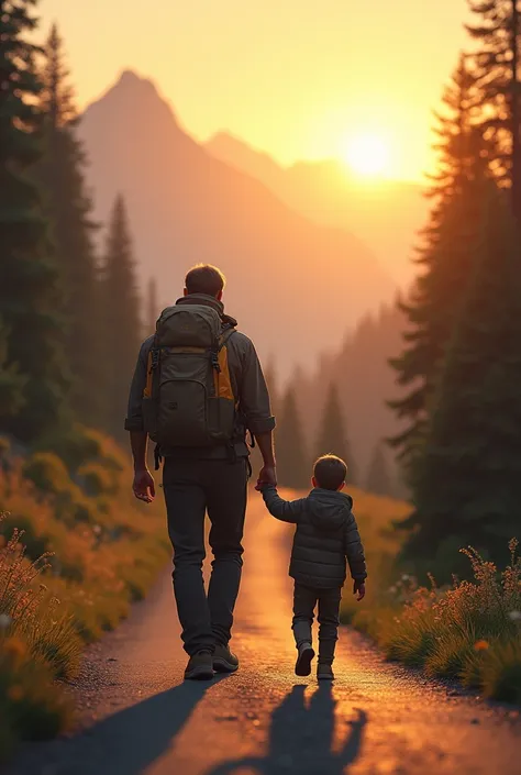 A father and his small son walking down a mountain road during sunset.. show both father and son back