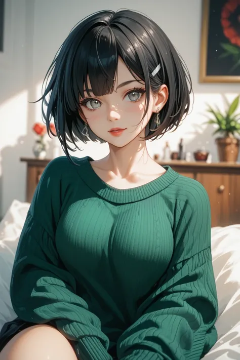 1 girl,  Black hair ,  Short hair,  grey eyes , oversized dark green sweater, черные колготки,  
Сидит на диване, раздвигает ноги, ласкает себя, показывает животик