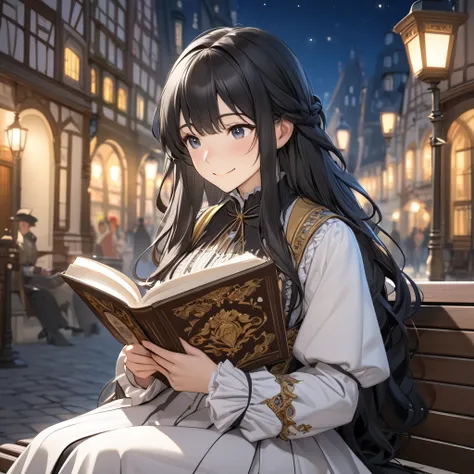  sitting on a bench reading a book, high definition ,  anatomically correct,  high detail, smile,  close your mouth, Long Hair,  black hair,European style costume,night