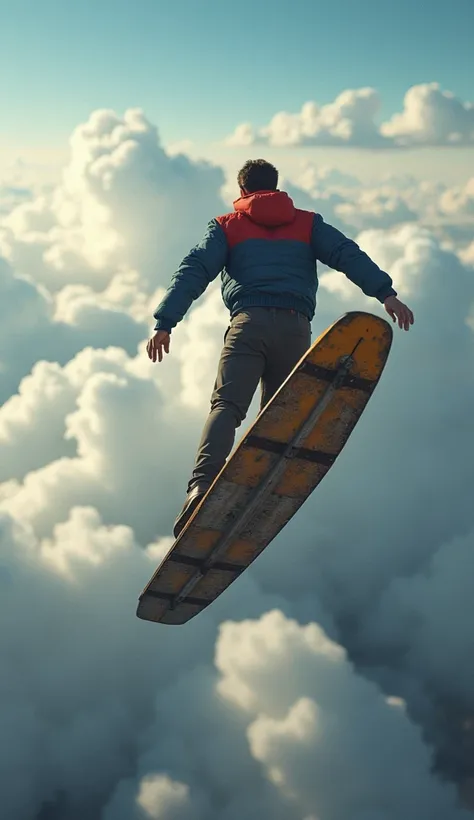 un homme sur un overbord ( ultra détaillé, ultra haute résolution , contexte détaillé). volant dans les airs à la suite dune méga ville. pose décontractée naturelle et dynamique. combinaison de vol ample, grande veste de bombardier colorée. caméra très élo...