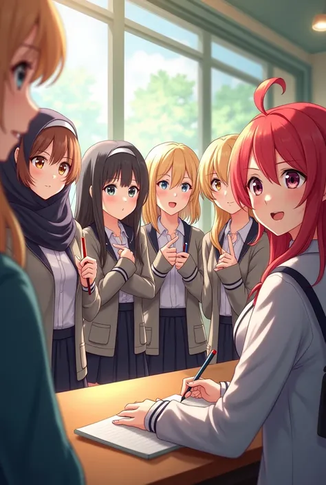 1 red haired, 1 blonde, 2 of them wear a hijab on their head and the other 6 female teachers have brown hair. They look like Anime Girls. They are in teachers room. There are totally 10 female teachers.