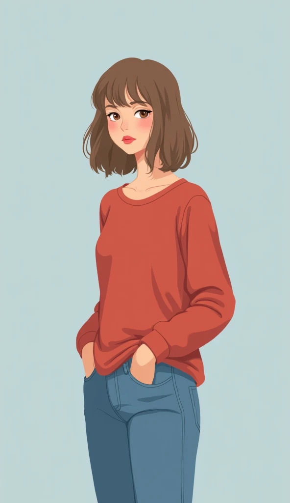 simple drawing ,light  blue Background , one girl middle brown  hair brown eyes ,5 feet 6 inches tall , 26 to 27 year old  , 1girl, Solo, Red man  shirt and jeans pant she looking a few to the right 