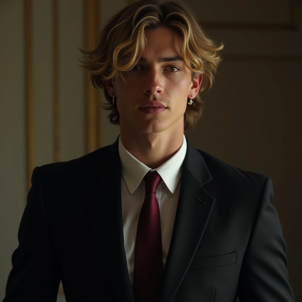 A 22-year-old with light tan skin, his sharp features etched with intensity, stands poised in a black sharp suit that clings to his athletic frame. His mid-length, wavy, thick dirty blonde hair is tousled with an effortless perfection, each strand seemingl...