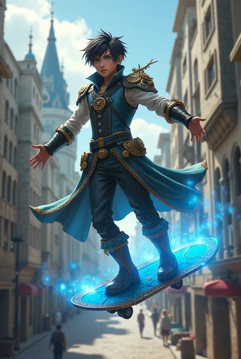 Create final fantasy style a man with very short hair with green eyes wearing a steampunk blue metallic vest with ornaments flying on a red arcane steampunk board with ornaments exuding a blue aura through the body in a modern medieval city