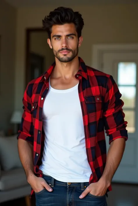 Photorealism, handsome man with strong jawline and perfect nose like a greek god, dark Black thick touseled hair, stunning and captivating dark bluish gray eyes wearing White Tanktop with Opened Plaid Red Shirt, Dark Blue Jeans pants, natural pose with bot...