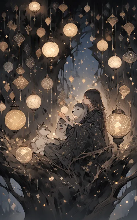  The Dog at Night and the Secret Base
Prompt:
"A mysterious and imaginative night scene in Daisuke Richard’s style, where a girl and her husky are sitting in a treehouse lit by string lights and lanterns. The treehouse is filled with pillows, snacks, and d...