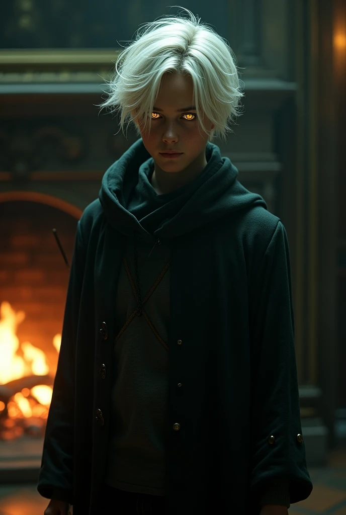 dark, realistic boy, golden snake eyes slytherin uniform, hood on head, bangs over one eye1 golden wash of hair, magic wand, white hair, determined expression, gloomy atmosphere, 4K, concept art, sharp focus, dramatic lighting, studio quality. fireplace wi...