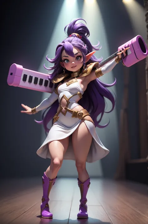 Female fantasy halfling, short stature, freckles, long purple hair, braids, wide hips, long flowing white dress, shoulder armor, keytar, dancing pose, tall boots, full body shot, on tavern stage