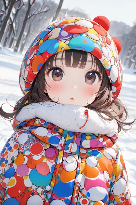 Ultra-realistic Yayoi Kusama style, Simple line acronym abstract art, Kawaii design,  The most beautiful girl ever, Playing in the snow, 雪うさぎ