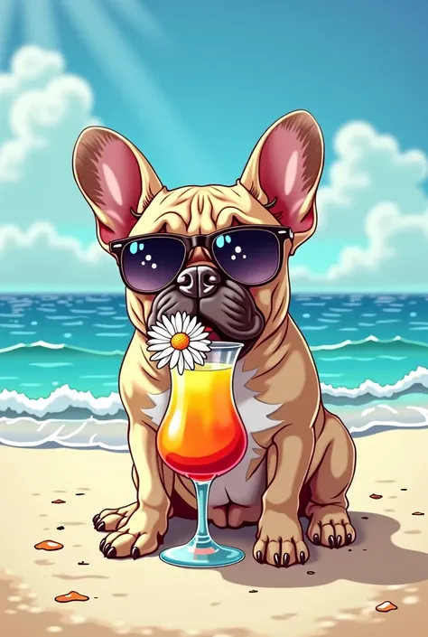  French Bulldog wearing sunglasses sipping a daisy on a beach, With comic cartoon style