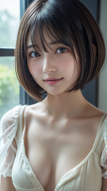 ( bob-cut hair :1.2),( wearing a dress :1.2), 1 girl,Japanese,21 years old,( small breasts:1.3),( best quality,masterpiece:1.3, ultra high resolution,),( super detailed, caustics),( photorealistic:1.4,RAW shooting,)Ultra-realistic capture, Very detailed, H...