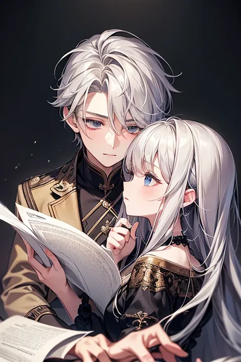 {masterpiece},{ best quality},{1 girl and boy }, cute, wonderful, beautiful、 silver haired boy and blonde girl、Friendly 、Get close, detailed , depth of writing, highly detailed CG ,original,  Very Detailed Wallpaper, calm 、 fantasy 