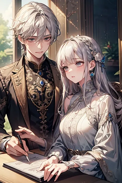 {masterpiece},{ best quality},{1 girl and boy }, cute, wonderful, beautiful、 silver haired boy and blonde girl、Friendly 、Get close, detailed , depth of writing, highly detailed CG ,original,  Very Detailed Wallpaper, calm 、 fantasy 