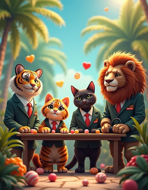 Bengali tiger alongside a maine coon cat next to a panther accompanied by a lion, working as call center representatives, all wearing iberias uniform with a tropical scenery with candies spread all over the place. Use realistic vision v6.0 b1 and counterfe...