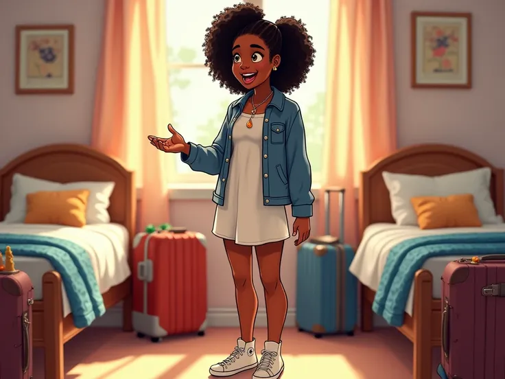 Generate a digital comic book art style of an image of Amara, an 18-year-old Black girl with hazel eyes and shoulder-length black afro hair, standing in a shared dorm room with a warm and cheerful demeanor. She is dressed casually in a white button-up dres...