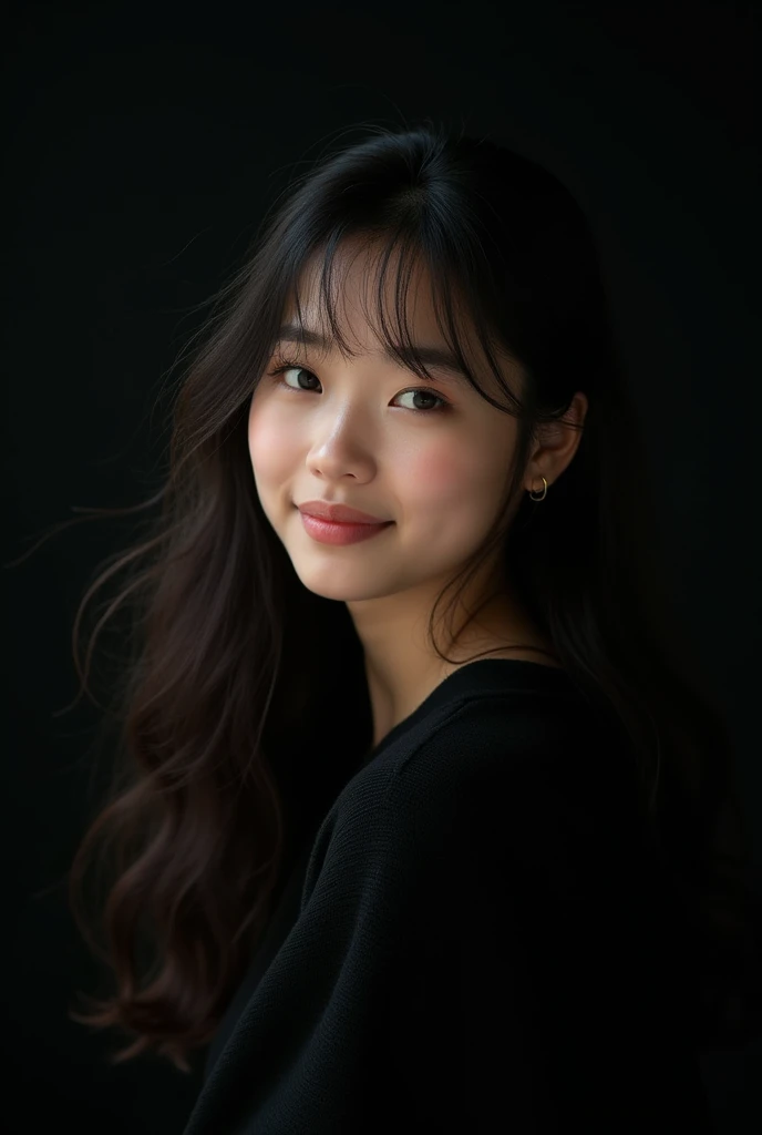 1 vietnameses girl,  Portrait shooting, black sweater ,  long curly loose hair, flying bangs ,  shot in studio black background,  light smile ,  chubby face , 