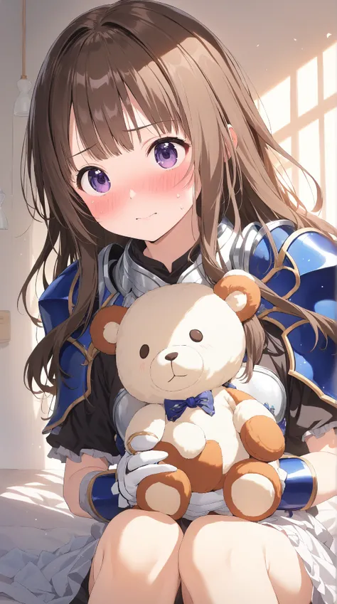 1 girl, (cute face), 18 years old, to many hairstyle, brown hair, (Flustered:1.4), (blush:1.3), medium breasts, wearing fantasy game style plate Armor, (knee length), sitting on the bed, Holding a teddy bear, for glossy skin, cowboy shot, Break 
in room, c...