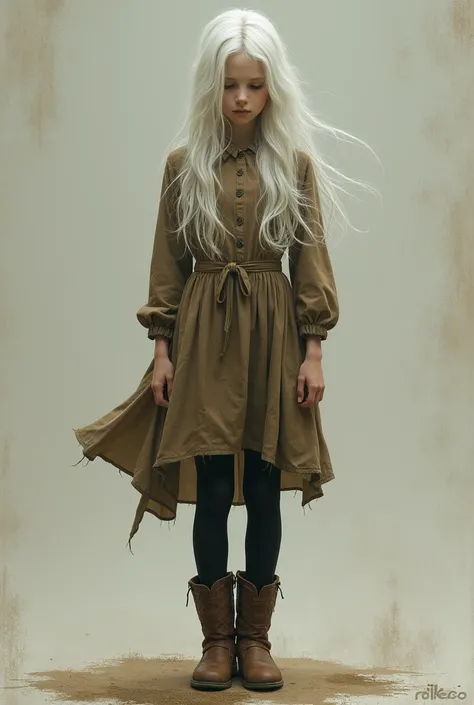 I want to raise a teenage girl with long white hair,  Who wears an old brown dress ,  with black tights and brown boots 