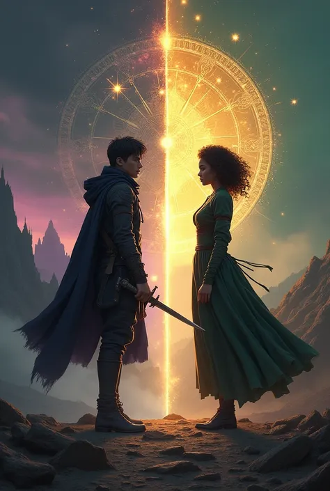 "An immersive fantasy cover featuring two full-body figures standing on opposite sides of a split landscape, their contrasting journeys vividly depicted.

On the left is Edward, a man of average height and build with deep brown eyes and youthful, baby-like...