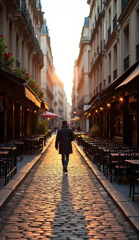 A cobblestone street in Paris at dawn, empty and serene, with a person walking alone, looking at the surrounding details, such as flowers on balconies and closed cafes, symbolizing the value of the journey.