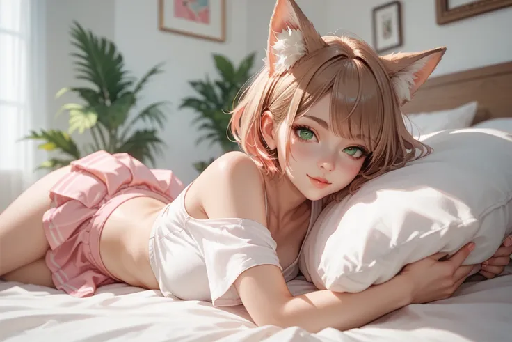 brown short hair, green eyes, fox ears, sexy, young woman, Laying on bed using a pink flowered short skirt and a white short shirt with a pink heart in it, looking at the camera