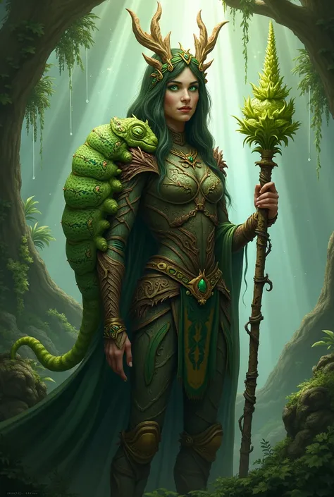 Forest Guardian on a Caterpillar

A serene yet powerful forest guardian with bark-like armor intertwined with vines and moss, holding a staff sprouting glowing fungi. Her expression is calm, but her glowing green eyes exude authority. Her mount is a vibran...