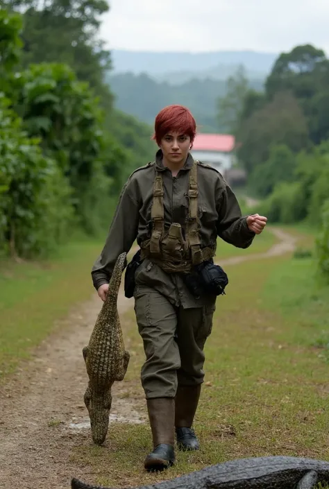 Photographic shot of (fierce:1.4) looking 25  year old european woman, medium rounded built, short red hair, wearing a hunter ware, walking in a jungle with lots of crocodile  on the side of the road, carrying a captured vicious crocodile on one hand. Hero...