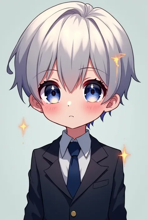 Anime chibi Boy with star-studded eyes, white hair, western suit 