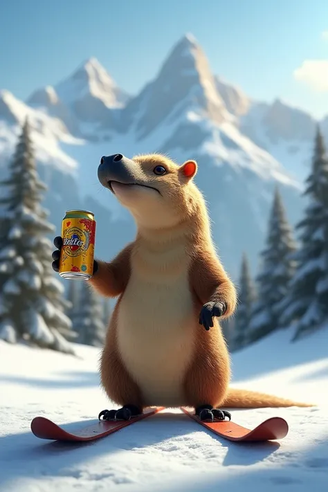 A platypus with a beer in his hand on skis with mountains in the background 