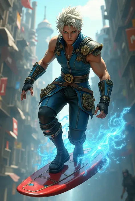 Create final fantasy style a man with very short hair with green eyes wearing a steampunk blue metallic vest with ornaments flying on a red steampunk surfboard arcana with ornaments exuding a blue aura through the body in a modern medieval city