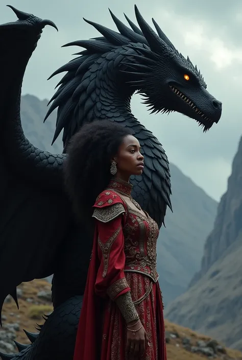 A gorgeous black American woman Targaryen with a black dragon next to her