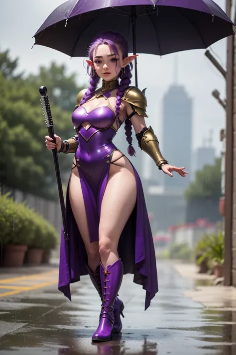 Female fantasy halfling, short stature, freckles, long purple hair, braids, wide hips, long flowing dress, shoulder armor, keytar, dancing pose, tall boots, full body shot, in rain