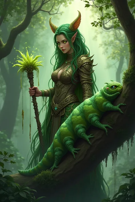 Forest Guardian on a Caterpillar

A serene yet powerful forest guardian with bark-like armor intertwined with vines and moss, holding a staff sprouting glowing fungi. Her expression is calm, but her glowing green eyes exude authority. Her mount is a vibran...