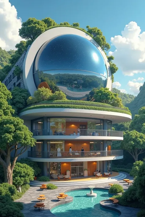 a rectangle multipurpose 2 basement floors and 4 floors and 1 rooftop. in the rooftop, theres a globe where you have a planetarium inside. along with other same globe but mini and smaller versions scattered at the rooftop where you can stargaze inside. the...