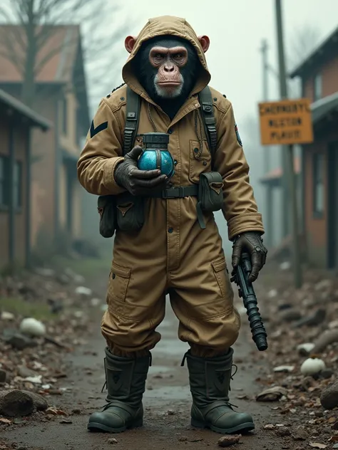 A **realistic anatomy** depiction of a **grey and brown male chimpanzee** wearing a **gas mask with goggles** and a **hood** on his head. The chimpanzee stands against the backdrop of a **destroyed village**, near an **anomaly**, and close to a sign readin...