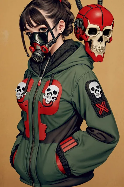 「 girl in cute animal costume and gas mask」 cyberpunk 、Horror Taste、 red and green high contrast 、calligraphy、 skull bones,full body portrait woman
