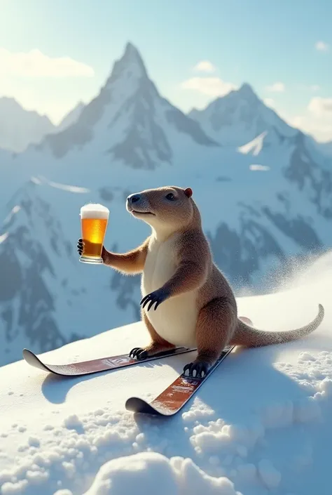 A platypus in profile descending the slopes on skis with a glass of beer in his hand with mountains in the background 