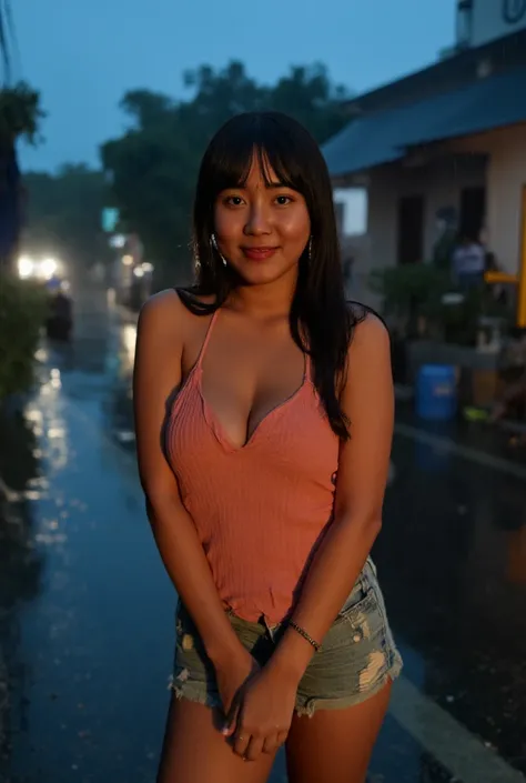 A very cute face like an Indonesian idol、Looks like a young face、20-year-old female、Gentle and cute、wet body ( wearing wet tanktop outfit), denim short pants((whole body像))、Cleavage, ((at rain street city, (), dark cloudy sky,Cinema lighting、Natural light、...