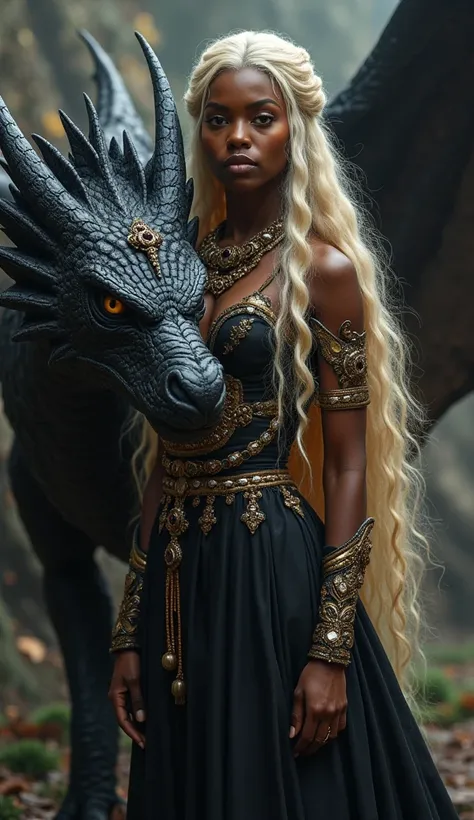 A gorgeous black American woman Targaryen with a black dragon next to herCheveux Blonds, Cheveux Très Longs, Cheveux Blonds, 