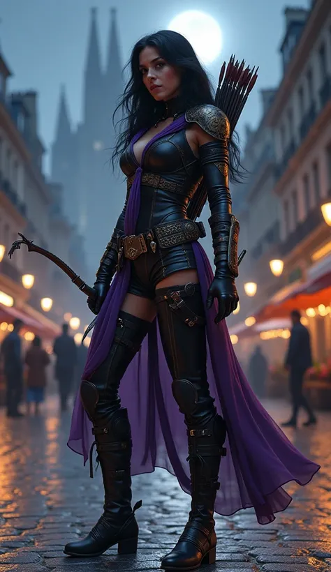 A realistic full-body depiction of a hybrid character combining Esmeralda from The Hunchback of Notre Dame and Hawkeye, standing in a poised, action-ready stance in a bustling, moonlit city square. She wears a tactical outfit inspired by Hawkeye’s sleek, d...