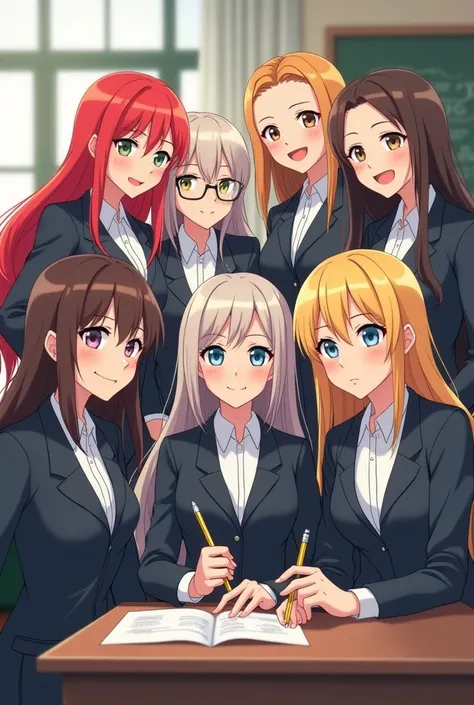 1 red haired, 1 blonde, 2 of them wear a hijab on their head and the other 6 female teachers have brown hair. 10 female teachers in total. They look like Anime Girls. They are in the teachers room. 