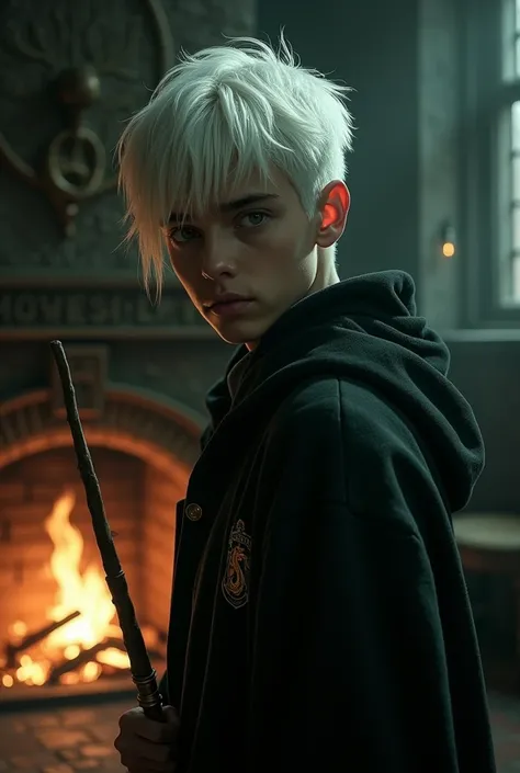 dark, realistic boy, golden snake eyes slytherin uniform, hood on head, bangs over one eye1 golden wash of hair, magic wand, white hair, determined expression, gloomy atmosphere, 4K, concept art, sharp focus, dramatic lighting, studio quality. fireplace wi...