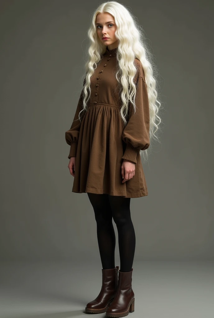  I want to create a 19-year-old adult with long white hair with volume and wavy, That goes up to the ass .  Who wears a brown dress that goes up to the thighs , Let it be squared ,  that looks like an old  ,  with black tights and dark brown boots