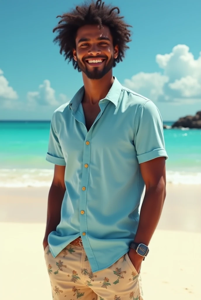 A young man from Aruba with medium-dark skin tone, curly black hair, and a warm smile. He is wearing casual attire, including a light blue short-sleeve shirt, Beige Chinos with subtle tropical patterns. He stands in a relaxed pose, with the backdrop of a s...